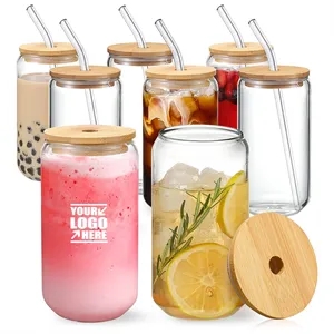 14OZ Drinking Glasses with Glass Straw Can Shaped Glass Cups