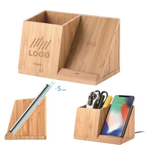 Bamboo Wireless Charger Desk Stand Organizer