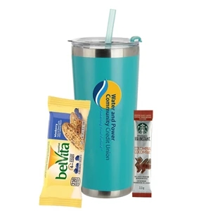 Custom Logo 20oz Tumbler w/ Straw, Instant Coffee Packet & Breakfast Bar