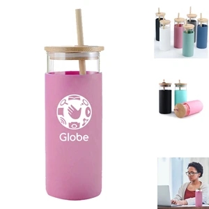 Nordic Glass Tumbler w/Silicone Cover, Bamboo Straw and Lid