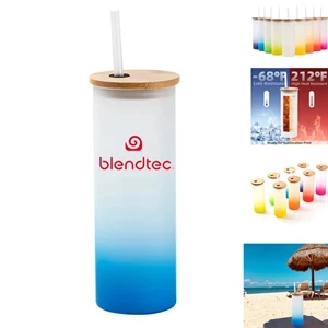 Gradient Frosted Glass Tumbler w/Straw & Bamboo Lid