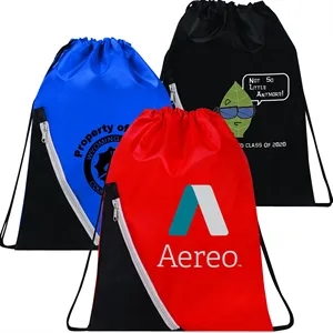 Custom Logo 210DPolyester Drawstring Gym&Sport Backpack w/ Zipper Pocket