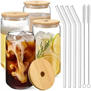 16oz Can Shaped Glass Cup with Bamboo Lid and Straw