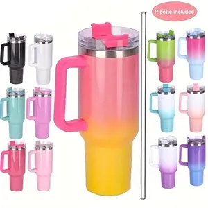 40oz Portable Rainbow Gradient Car Tumbler With Handle Straw