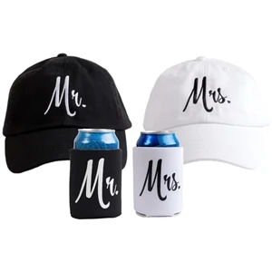 Mr. & Mrs. Matching Newlywed Baseball Caps and Beer Holders