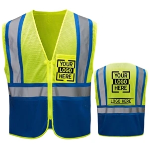 Hi Vis Reflective Class2 Mesh Blue Bottom Safety Pocket Vest