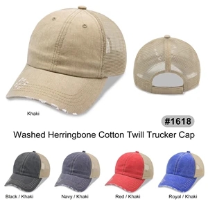 6 Panel Herringbone Low Profile Distressed Trucker Cap