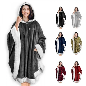 Custom Logo Poncho Hooded Cape Blanket Shawl Cozy Warm Sherpa Fleece