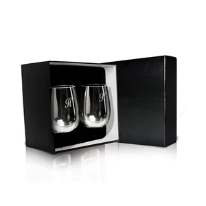 Stemless White Wine Glass Set - 17 oz Sand Etched w/ Giftbox