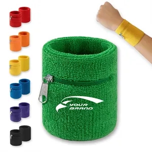 Cotton Sweatband Sport Elastic Wristband With Zipper Pocket