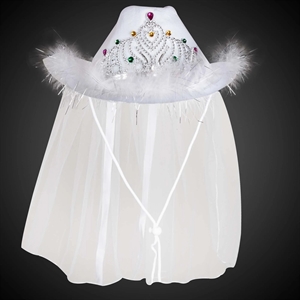 White Light Up Tiara Cowboy Hat with Veil