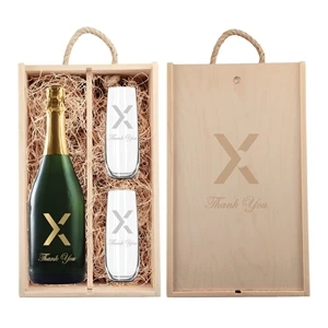 Engraved Wood Box w/ Etched Champagne & Flutes