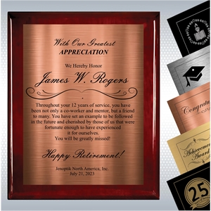 Rosewood Piano Finish Wood Plaque Retirement Gift Award