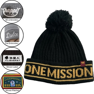 Custom Made Pompom Striped Knitted Cuffed Beanie With Logo