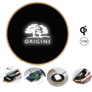 Custom Logo Bamboo Light Up Wireless Charger 15W Qi Certified