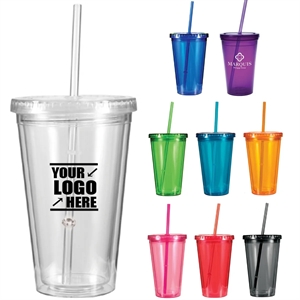 Custom Logo 16oz Insulated Acrylic Tumblers with Lid & Straw