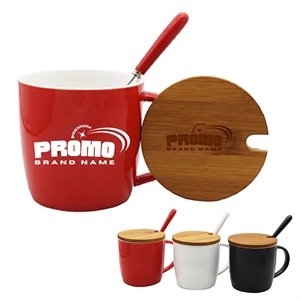 16oz. Ceramic Coffee Cup Mug with Spoon and Wooden Lid