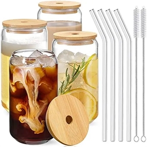 16oz Can Shaped Glass Cup with Bamboo Lid and Straw