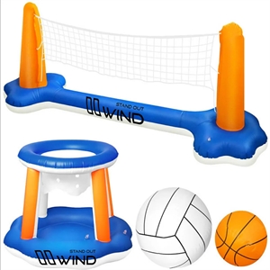 Inflatable Pool Float Set Volleyball Net & Basketball Hoops