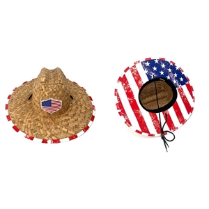 Straw Hat with Printed Under Brim and Embroidered Patch