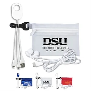 Mobile Tech Earbud and Charging Cables Kit In Zipper Pouch