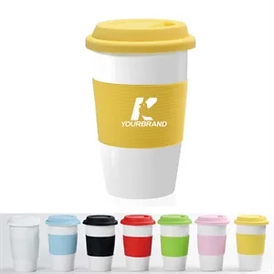 Reusable White Ceramic Travel Coffee Cup with Lid & Sleeve