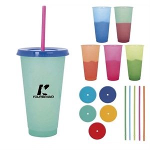 24oz  Plastic Color Changing Tumbler with Lids and Straws