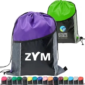 Premium Cinch Drawstring Backpack w Side Mesh Pocket 14"x18"