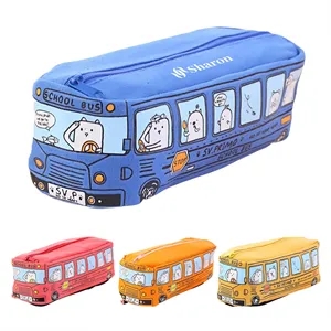 Cartoon City Bus Pencil Pouch Large Canvas Zipper Bag