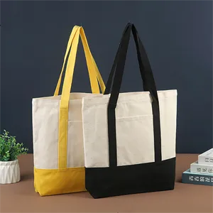 Custom Logo Trader Joe's Style Medium Canvas Tote Bags With Front Pocket