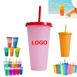 24 Oz Stacked Plastic Color Changing Cold Tumbler With Straw