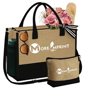 Jute Tote & Makeup Bag with Zipper Adjustable Strap Gift