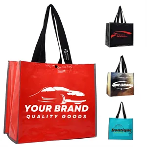 Film covered woven durable custom logo film Grocery tote bag