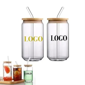 Custom Logo 12oz Can Shaped Borosilicate Mason Jars With Bamboo Lid