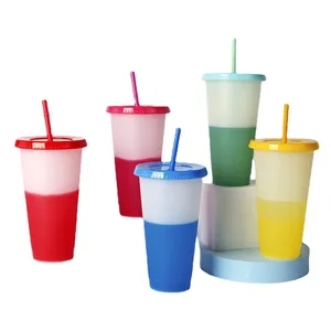 24 Oz Plastic Color Changing Straw Tumbler