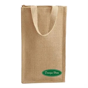 Jute Burlap Two Bottle Wine Gift Tote Bag