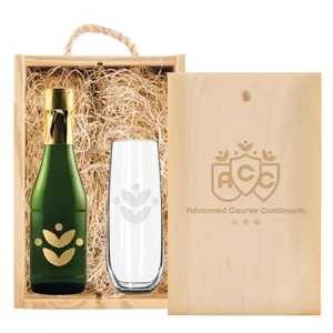 Double Half-Sized Wood Box with Champagne and Flute