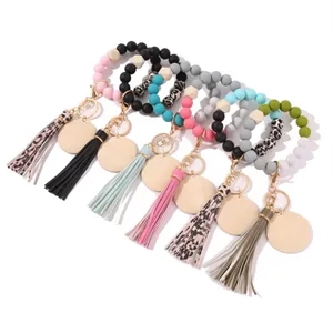 Silicone Beaded Wood Tag Wristlet Keychain With Tassel