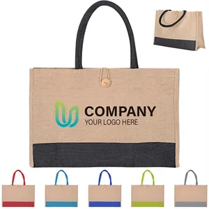 Color Block Jute Tote Bag