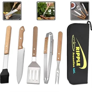 Stainless Steel BBQ Tools Wood handle Camp Carrying Bag Set