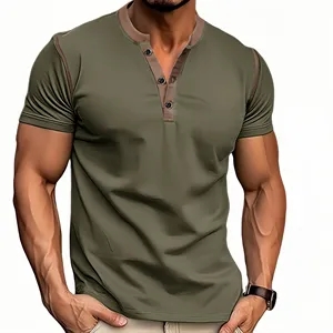 Men's Henley Round Neck Colour Block T-Shirt