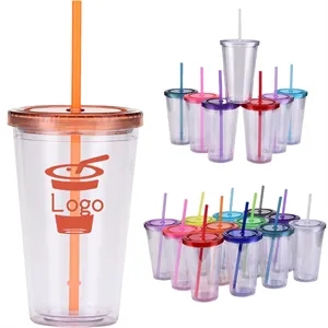 16Oz Double Wall Clear Plastic Cup with Straw
