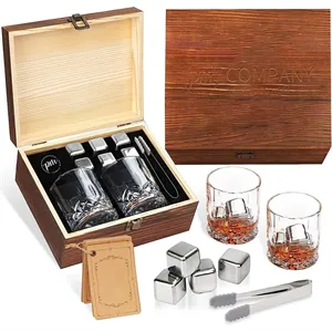 Anniversary Gift Wooden Box Ice Cube Whiskey Glass Sets