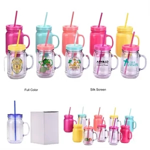 20 oz Double Wall Plastic Mason Jars With Straw and Handle