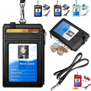 Custom Logo PU Leather ID Card Holder Wallet with Lanyard