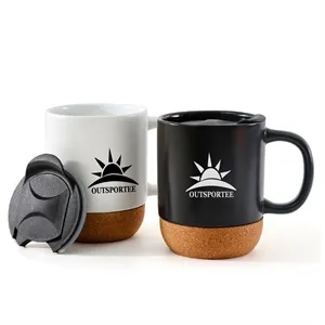 13OZ Two Tone Cork Base Ceramic Coffee Mugs with Lid Handle