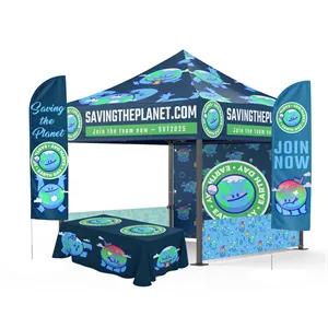 10x10 Tent, BackWall 2SideRails, 6' Table Cover, 2 Flags 8'