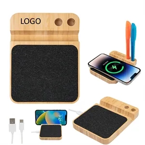 10W Bamboo Wireless Charger With Pen Holder