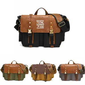 Genuine Leather Canvas Messenger Bag Shoulder Backpack
