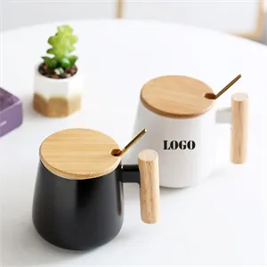 12 Oz Ceramic Coffee Mug with Wooden Lid and Gold Spoon